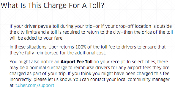 Uber has been charging users picked up at airports a $4 toll fee even where not necessary
