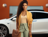 Female entrepreneur standing proudly in front of her Tesla Model X, showcasing the synergy of luxury and smart business decisions