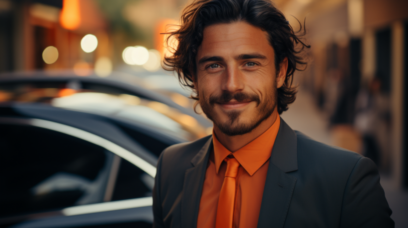 Entrepreneur standing beside a Tesla Model X, showcasing modern business elegance.