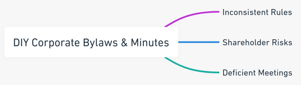 Mind map outlining issues with DIY corporate bylaws and minutes.