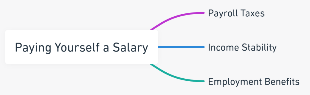 Mind map highlighting the key aspects of paying yourself a salary as an LLC owner, focusing on payroll taxes, income stability, and employment benefits.