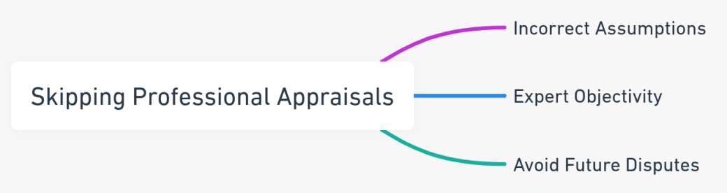 Mind map emphasizing the need for professional appraisals in divorce for accurate asset valuation and dispute avoidance.