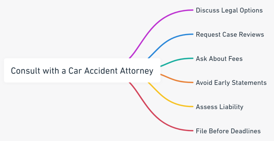 Mind map detailing the steps to consult with a car accident attorney, including discussing legal options, requesting case reviews, and understanding fees.