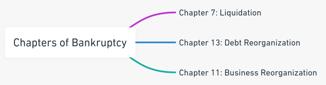 Mind map displaying the different chapters of bankruptcy: Chapter 7, 13, and 11.