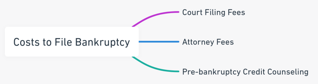 Mind map detailing the costs associated with filing for bankruptcy.