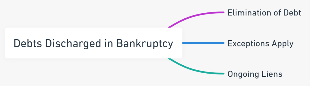 Mind map detailing the types of debts discharged in bankruptcy and exceptions.
