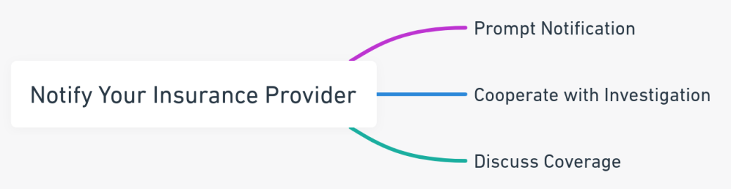 Mind map outlining the steps to notify your insurance provider after a car accident, including prompt notification, cooperation with investigation, and discussing coverage.