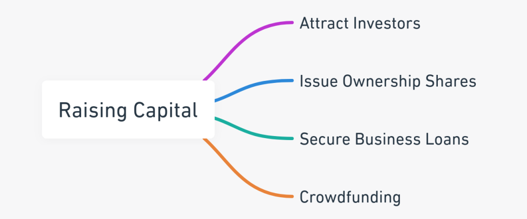 Mind map detailing the advantages of an LLC in California for raising capital, including attracting investors, issuing ownership shares, securing business loans, and leveraging crowdfunding.