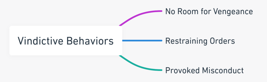 Mind map showing the negative impact of vindictive behaviors during a divorce in California.