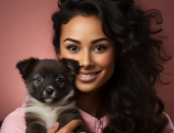 Female vet holding a puppy outside her California veterinary clinic