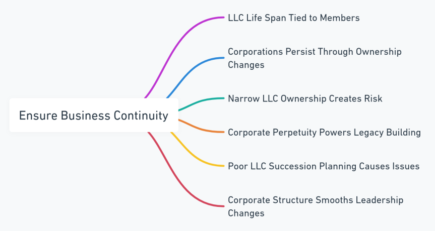 Mind map detailing business continuity strategies in LLCs and Corporations.