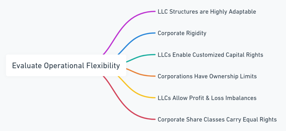 Mind map comparing operational flexibility in LLCs and Corporations.