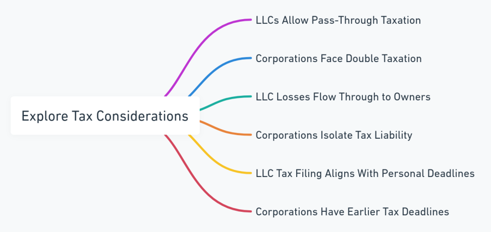 Mind map outlining the tax implications for LLCs and Corporations.
