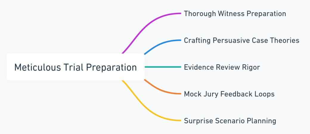 Mind Map Illustrating the Key Components of Meticulous Trial Preparation in Legal Cases