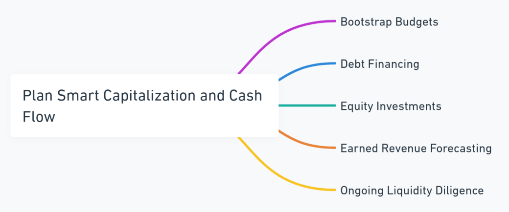 Mind map outlining capitalization and cash flow strategies for startups in Los Angeles.