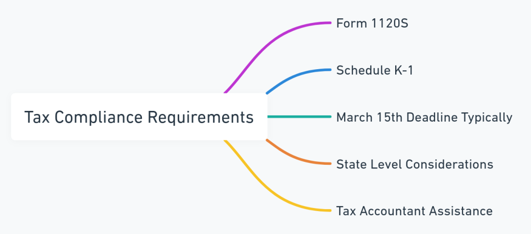 Mind map outlining tax compliance requirements for S corporations.