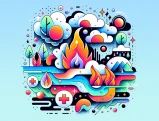 Bright abstract symbols of wildfires, floods, and earthquakes in vivid pastel colors on a white background.