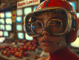 A person wearing a red hard hat and safety goggles stands in front of a wall of television screens, one of which displays the text "Apple Lawsuit".