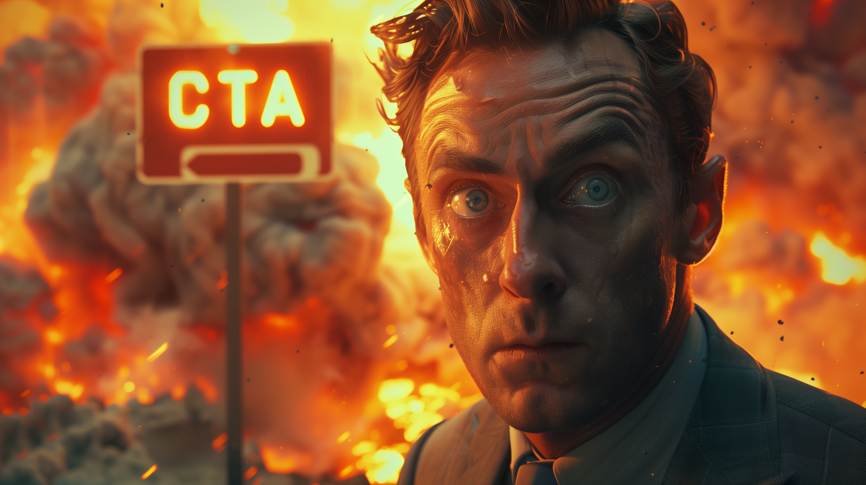 Concerned Man with CTA Sign and Explosion Background