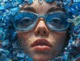 Close-up of a person wearing blue-tinted glasses reflecting entertainment industry elements