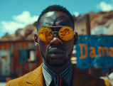 Man in suit with yellow sunglasses standing in front of "Damages" sign