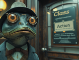 Intriguing fish character with magnifying glass outside a class action law firm