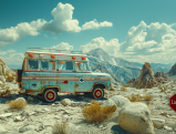 Vintage ambulance in a rugged mountain landscape with a "Lawsuit" sign