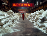 Drugs in a dimly lit warehouse with a neon "INDICTMENT" sign Title: Uncovering a Cartel's Money Laundering Scheme