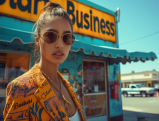 Young woman in sunglasses standing in front of Start a Business sign