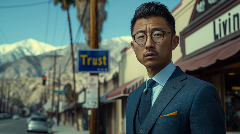 Professional man standing near "Trust" sign representing living trust benefits