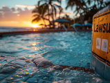 Warning sign about a lawsuit near a swimming pool at a tropical resort