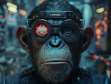 Chimpanzee wearing futuristic goggles labeled "Lawsuit"