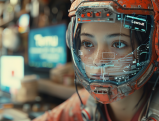 Woman in futuristic helmet with lawsuit information displayed
