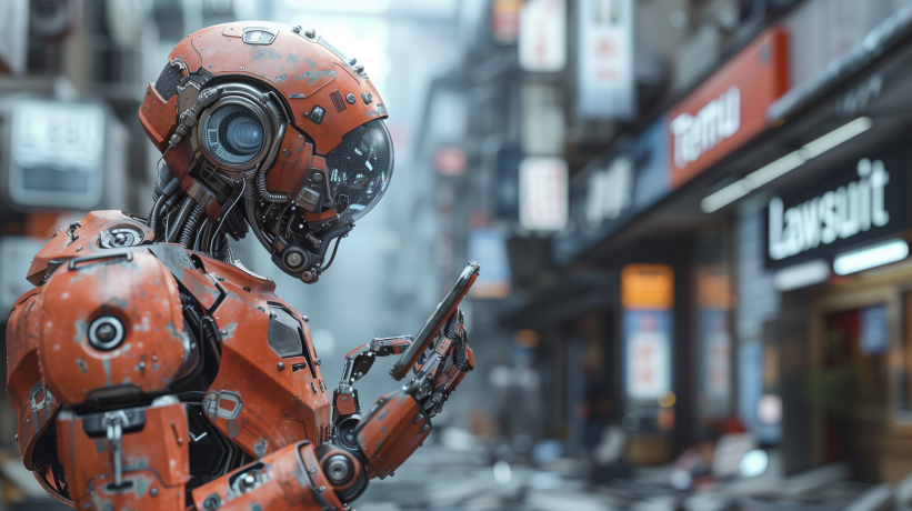 Robot in a city street with Temu and lawsuit signs