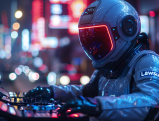 Futuristic humanoid robot DJ at turntables in nightclub with neon lights