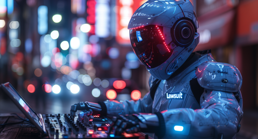 Close-up of futuristic robot in suit with glowing electronics on face