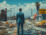 A person in a suit standing in a destroyed city street with a "Wrongful Death" sign