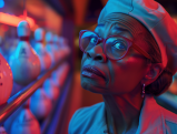 Older woman looking concerned in a neon-lit bowling alley