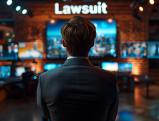 News anchor facing wall of screens with lawsuit message