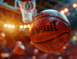 Basketball with "Lawsuit" text in NBA arena