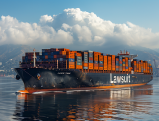 Container ship named "Lawsuit" in Port of Los Angeles harbor