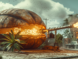 Giant coffee bean exploding with lawsuit sign in surreal desert scene