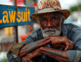 Elderly man with a lawsuit sign
