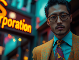 Stylish Asian businessman in front of S Corporation neon sign