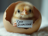 Baby chick emerging from egg shell holding "Case Dismissed" sign