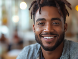Smiling African American man with dreadlocks in professional setting