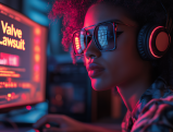 Gamer viewing Valve lawsuit information on futuristic screen