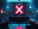 Courtroom with neon X sign and "Lawsuit" text