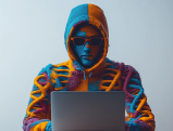 Stylized image of a person in a colorful hoodie using a laptop