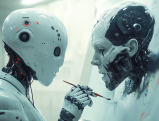 AI-generated robotic figures collaborating on artistic creation